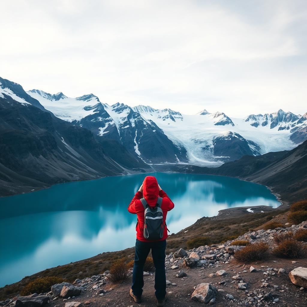 Traveler photographing a glacial lake